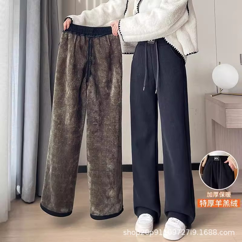 [Fleece/Fleece] Lambswool corduroy wide-leg pants for women, autumn/winter, plus-size extra thick chenille straight-leg pants