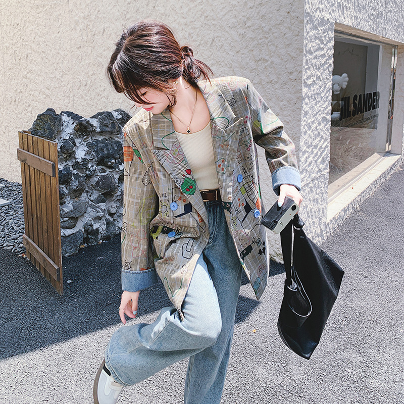 Picture of Gray Plaid Blazer for Women Spring & Fall 2025 New Design Street Loose Casual Graffiti Printed Suit