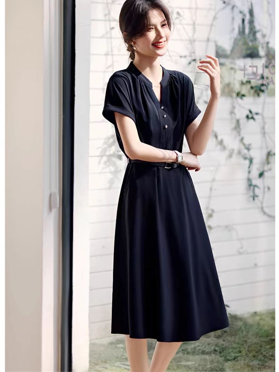 Elegant Foreign Order Raglan Sleeve Design Dress for Women, Summer Commuting Simple Waist-Cinching Slimming Shirt Dress