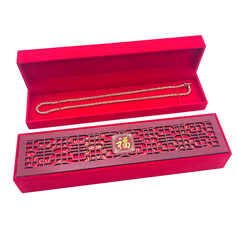 Long necklace box wood carving fu character hollow jewelry box text play jewelry box pendant box pendant box gold jade ornament box