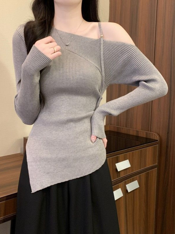 Picture of Bashi red one-line slanted shoulder knitted base jacket women's autumn outfit autumn and winter Angora red boss sweater with top underneath