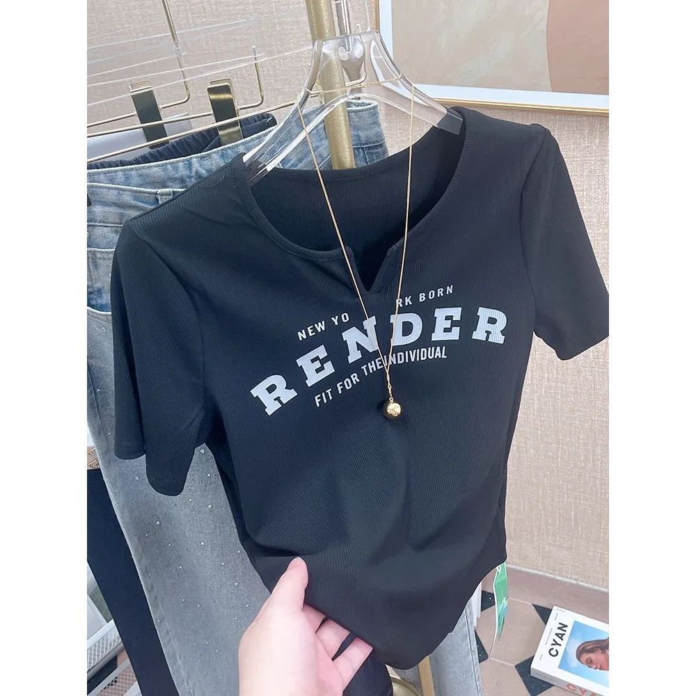 American Style Retro Letter Printed V-neck Short-sleeved T-shirt Women's Summer Wear Korean Style New All-match Western Style Spice Girl Short Top