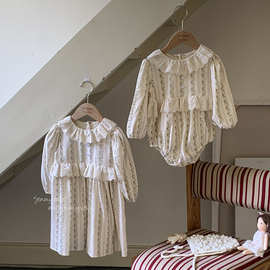Jennybebe25 Autumn Ins Baby Lace Collar Romper Baby Girl Sweet Floral Dress Lapel Princess Dress
