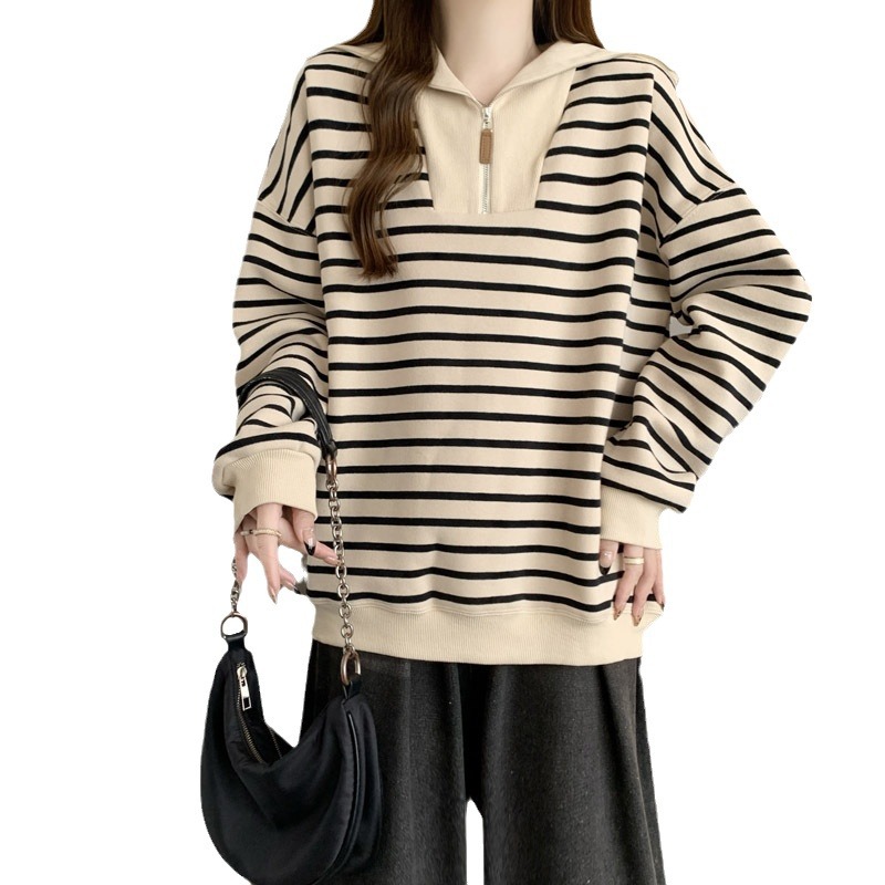 Picture of 2024 Spring and Autumn New Navy Collar Casual Sweater Women's Striped Shirt plus size Design Niche Long Sleeve T-Shirt Top