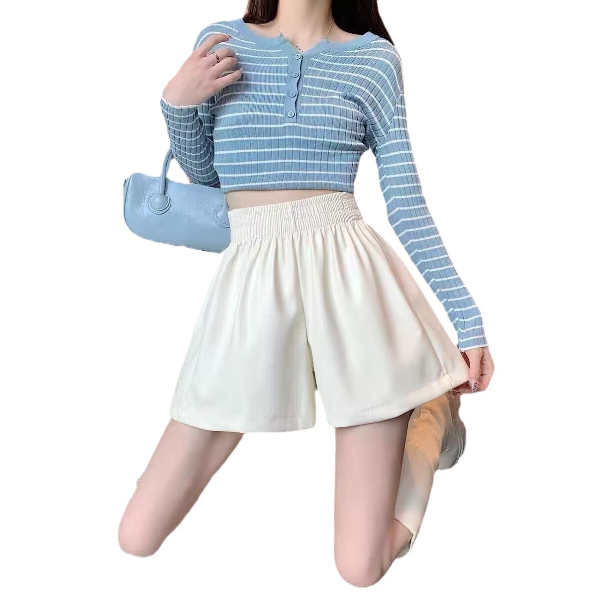 Versatile autumn and winter PU leather shorts new small elastic high waist slimming A- line leather pants wide leg outer wear casual pants