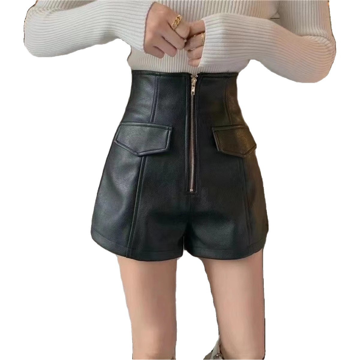 Autumn and Winter New Slim PU Leather Shorts Women's Design Sense Zipper High Waist Loose Wide Leg Pants Korean Style Outwear Pants