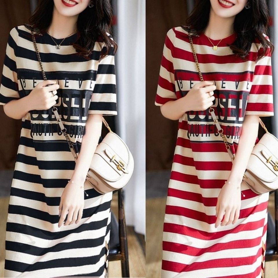 Picture of Maternity clothing summer loose slimming striped printed t-shirt dress Korean style mid-length maternity dress summer clothing