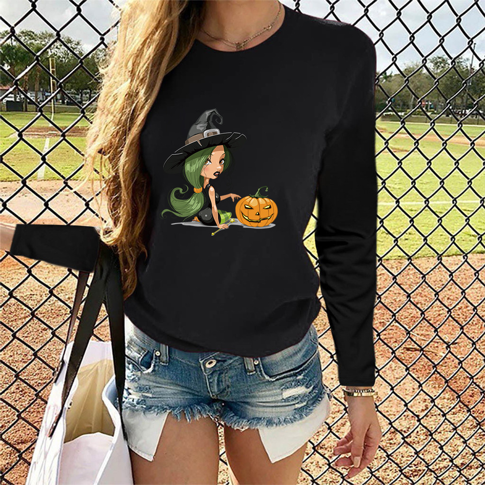 2021 Autumn Halloween New Girl Pumpkin Lantern Pattern Women Pullover Long Sleeve T-shirt