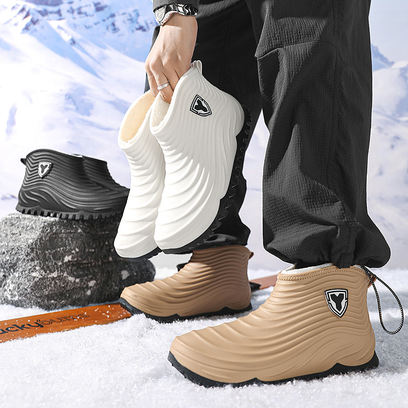 Cross-border Korean men's short tube integrated velvet rain boots fashion new waterproof shoes fleece-lined warm non-slip lightweight overshoes