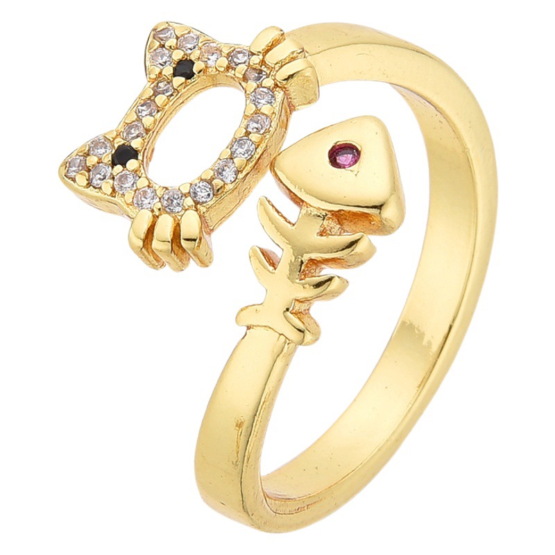 4 Copper Set Zircon Activity Loving Heart Open Female Ring Pet Cat Fish Bone Loose Mouth Finger Ring Gold Color Preservation Jewelry