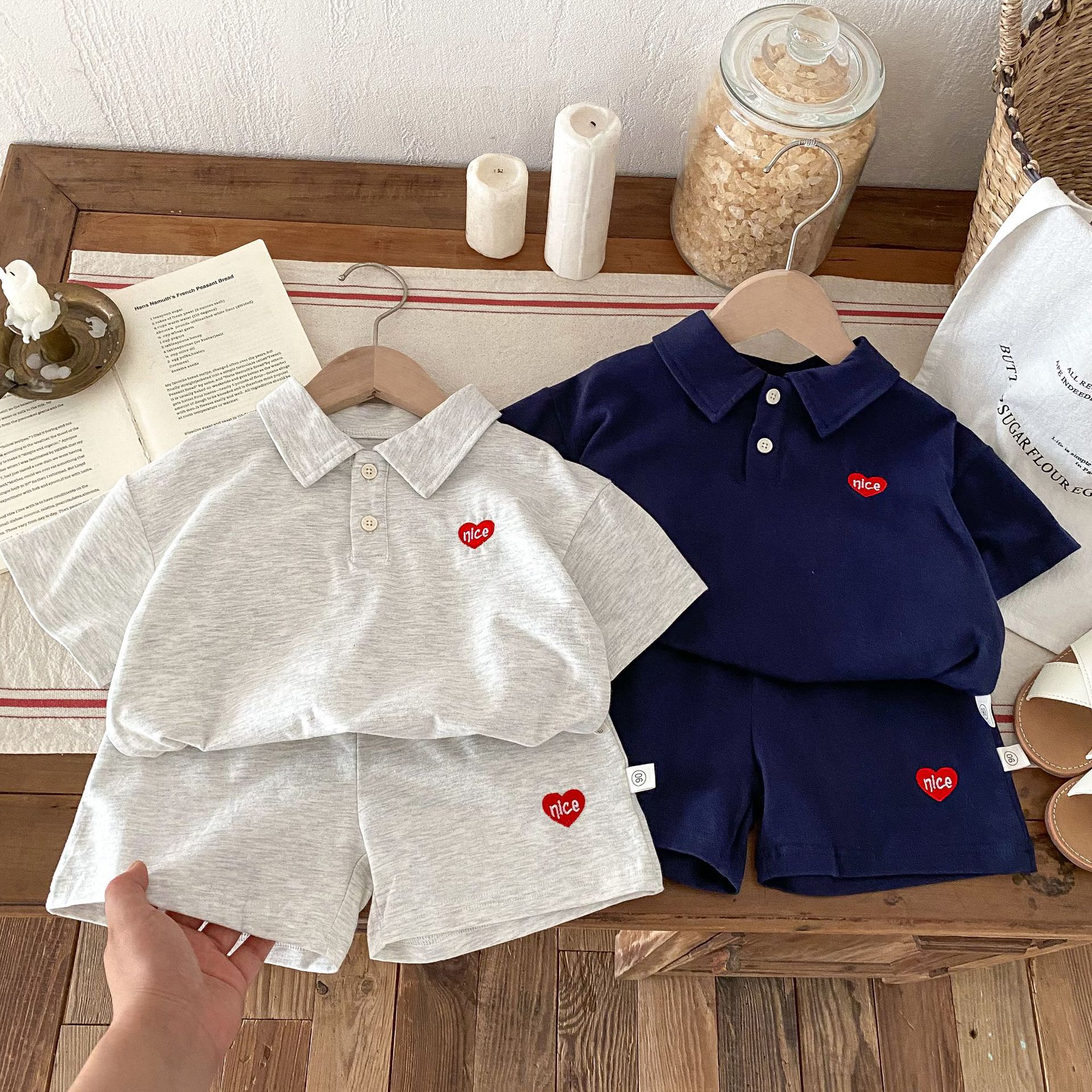 Summer 2025 Children's Love Short-sleeved Polo Shirt Shorts Two-piece Set Children's Suit Boys Korean Clothes