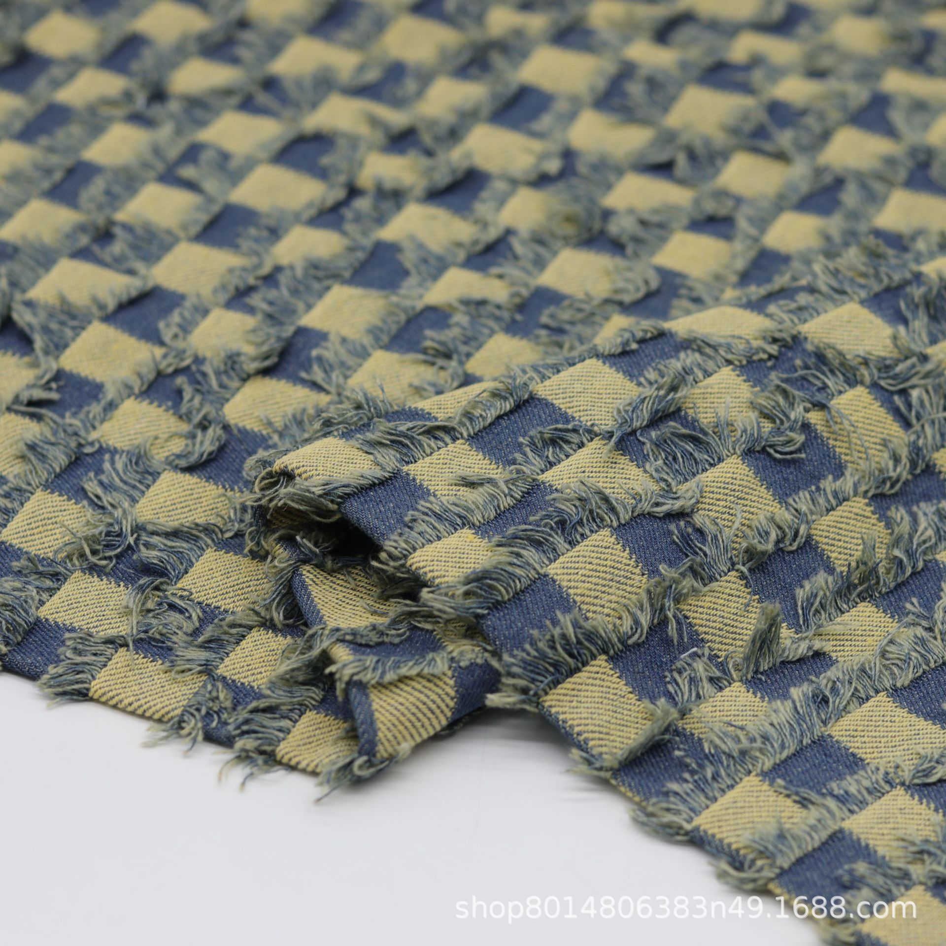 Picture of Wasteland Style Nostalgic Color Checkerboard Plaid Jacquard Washed Denim Fabric Clothing Fabric Jeans Jacket Non-Elastic