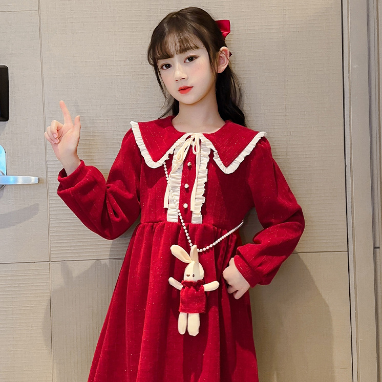 2024 New New New Year's Clothes Children's Red dress Baby Girl's Western Style Autumn and Winter Dress Princess Dress