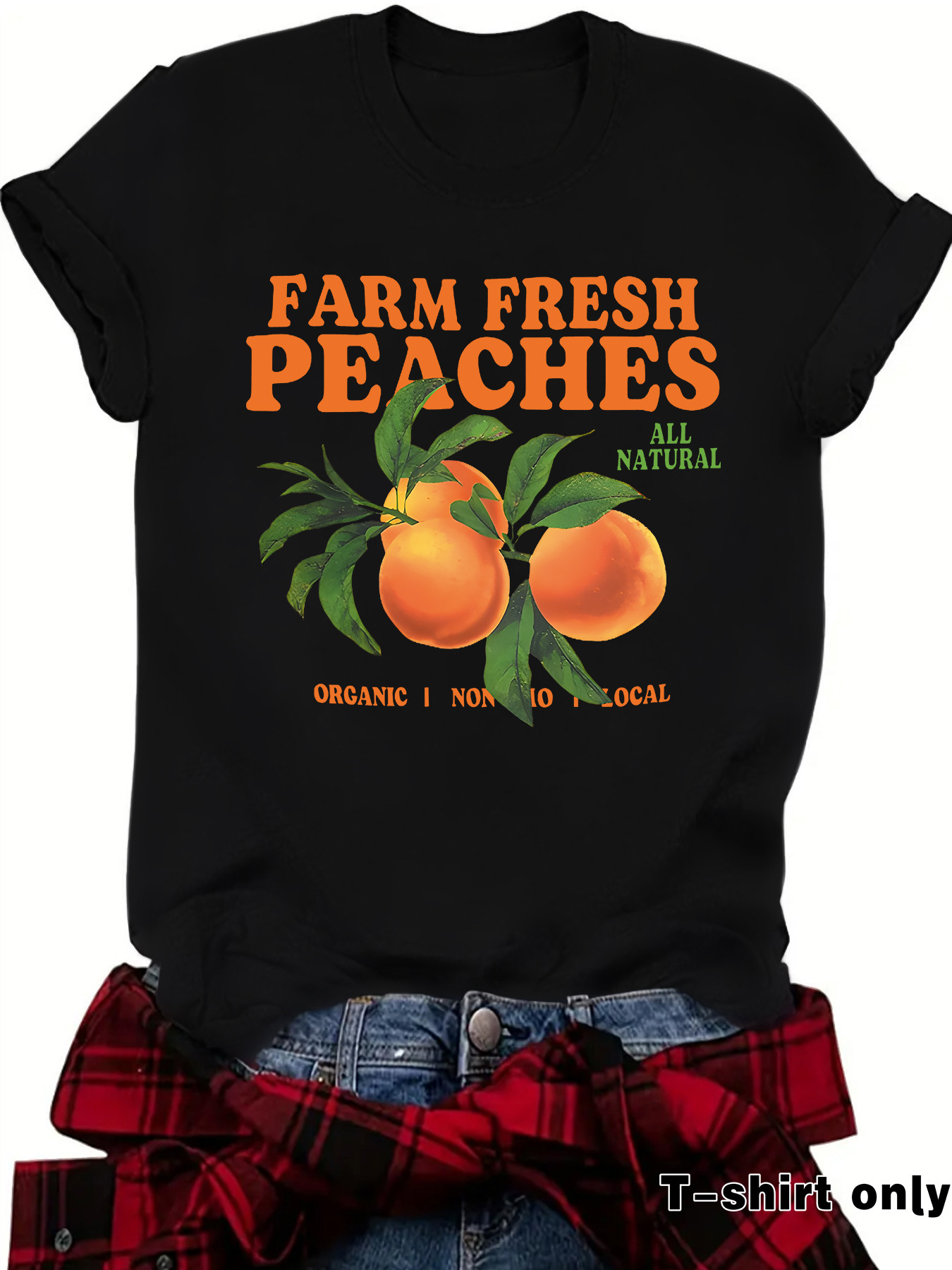 European and American casual T-shirt FARM PEACHES peach print cross-border summer round neck short sleeve in stock top women