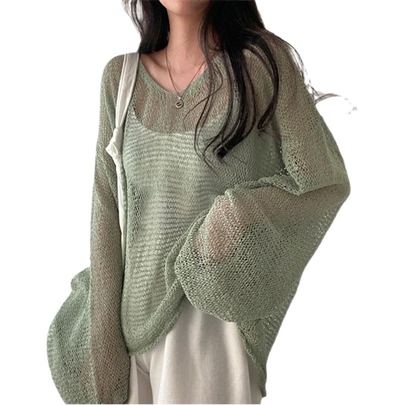 South Korea chismc summer French retro lazy loose long sleeve hollow thin knitted blouse top for women