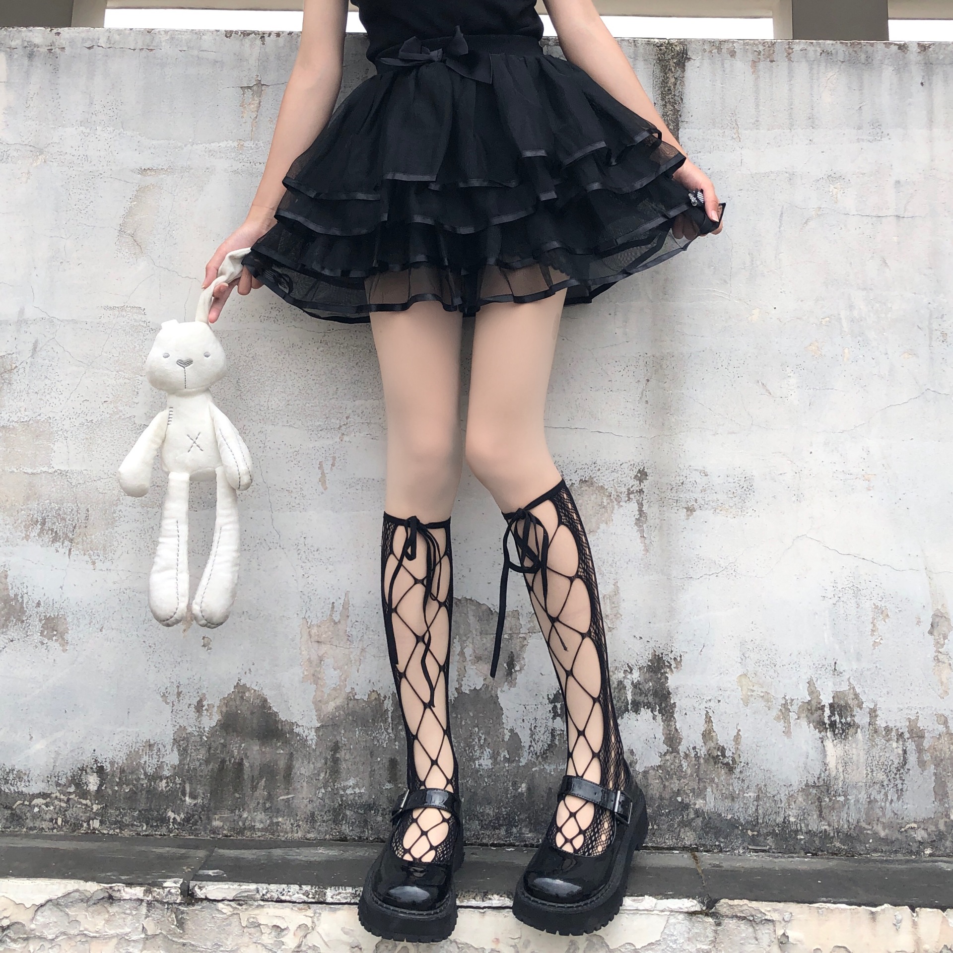 Japanese Sweet Cross Strap lolita Mid-Size Socks Women's Summer Thin jk Nightclub Hollow Solid Color Calf Socks