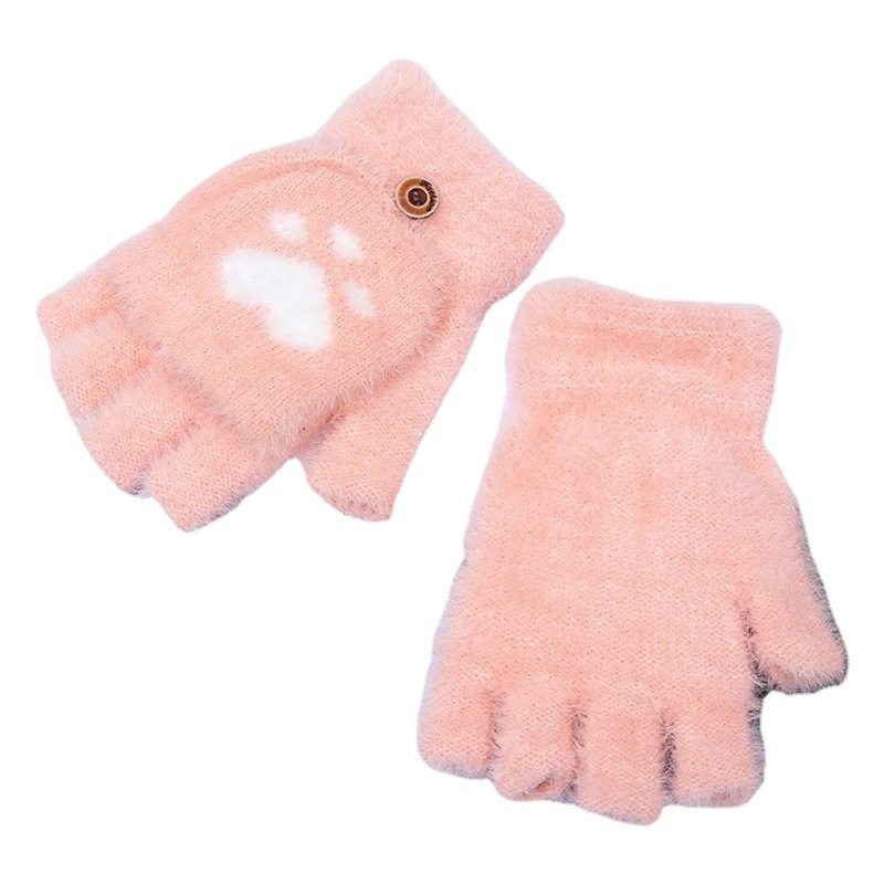 Winter Korean Style Student Writing Cat's Claw Flip Cover Gloves Half Finger Imitation Mink Hair Cute Girl's Open Finger Warm Women's Winter