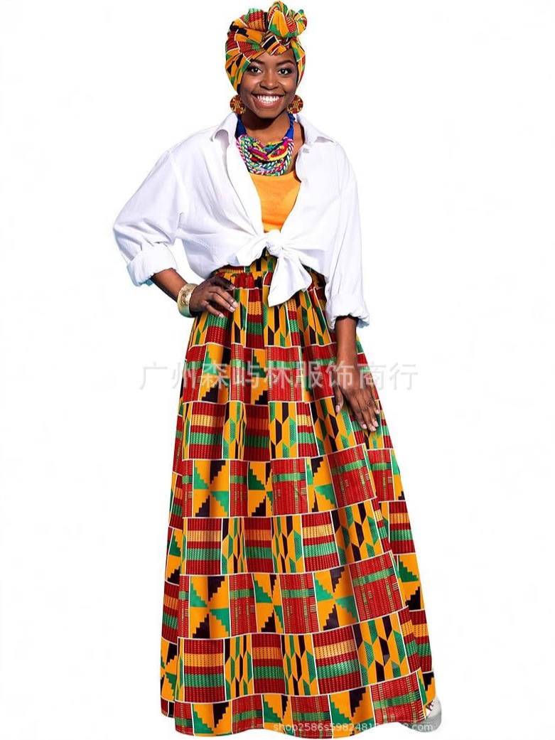 Cross-border New Women's African Ethnic Tribal Strap Skirt Pocket Turban Printed Multicolor Daxiji Skirt