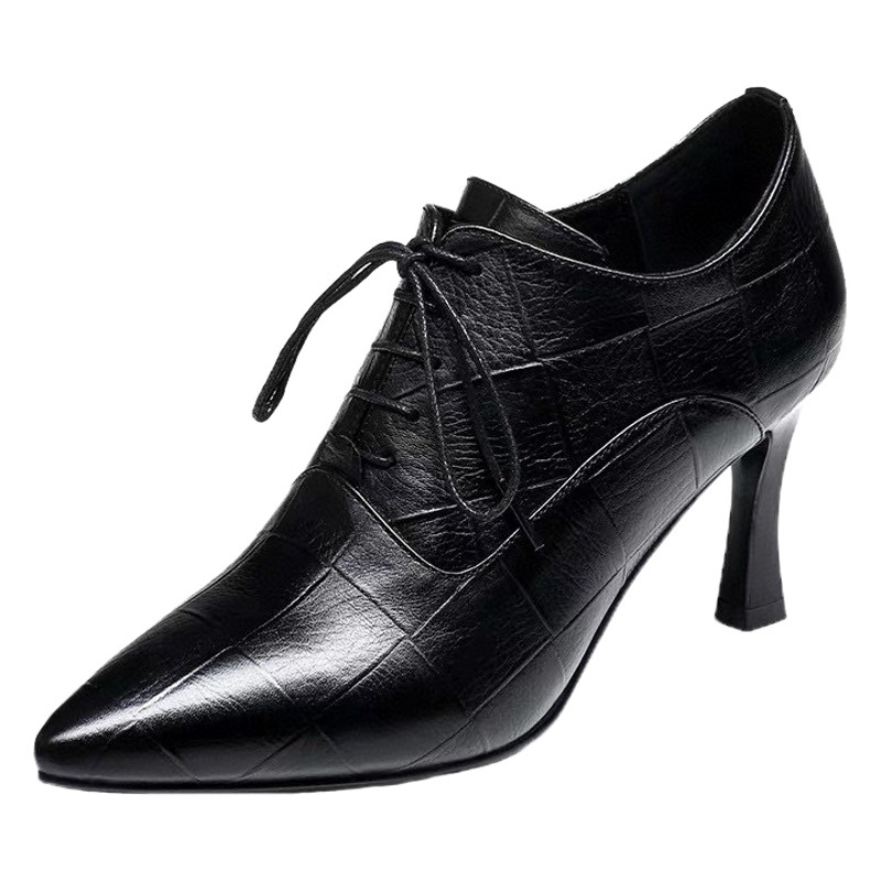 Picture of Women's Shoes 2024 Spring New Deep Mouth Single Shoes Embossed Plaid Leather Pointed Toe Fashion British Style High Heel Ankle Boots