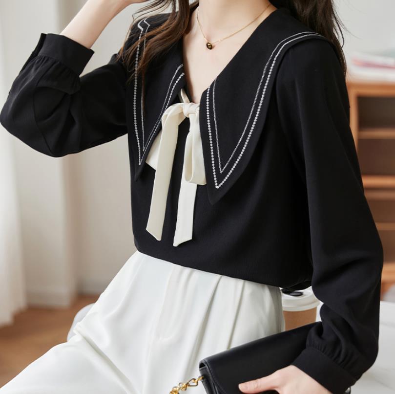 Plus Size Women's French Contrasting Color Elegant V Neck Shirt Women's 2025 Spring & Fall Slightly Fat mm Pear-Shaped Body Wear Top