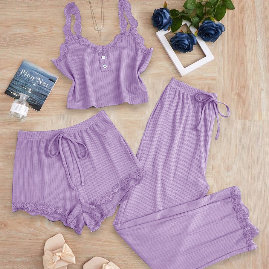 Popular Cross-Border Lace Three-Piece Set Camisole Shorts Long Pants Pajamas Women's Slim-Fit Loungewear