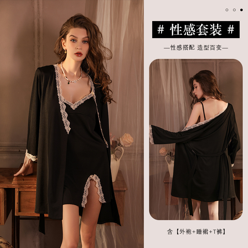 Romantic Style Sexy Pajamas Women's Spring and Summer Lace V-neck Sling Nightgown Luxury Sweet Home Clothes Two-piece Suit