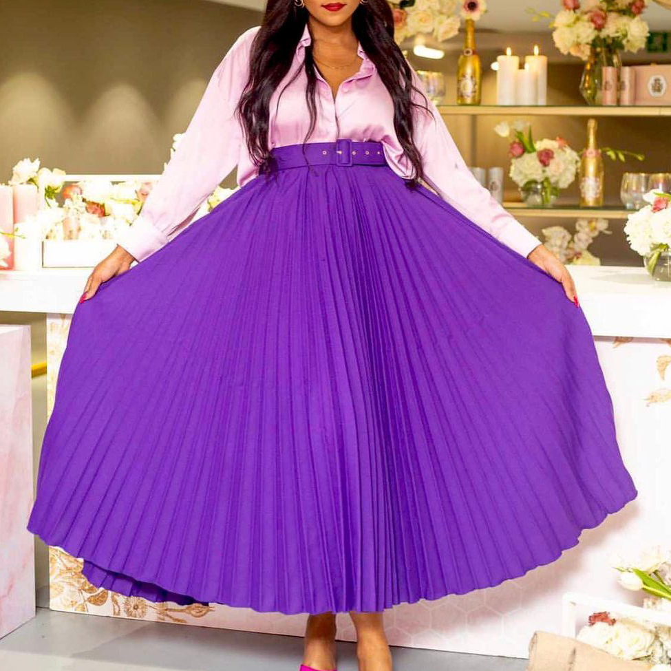 Picture of D293P with belt European and American women's clothing new high waist large skirt mid-length pleated temperament drape foreign trade skirt