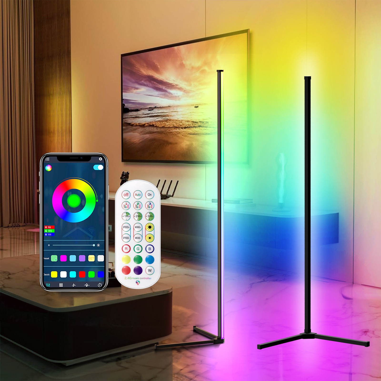 Three-Section Splicing 1.42m Tuya Tuya-Wifi Magic Color Floor-Standing Atmosphere Light Rgbic Corner Light Manufacturer Wholesale