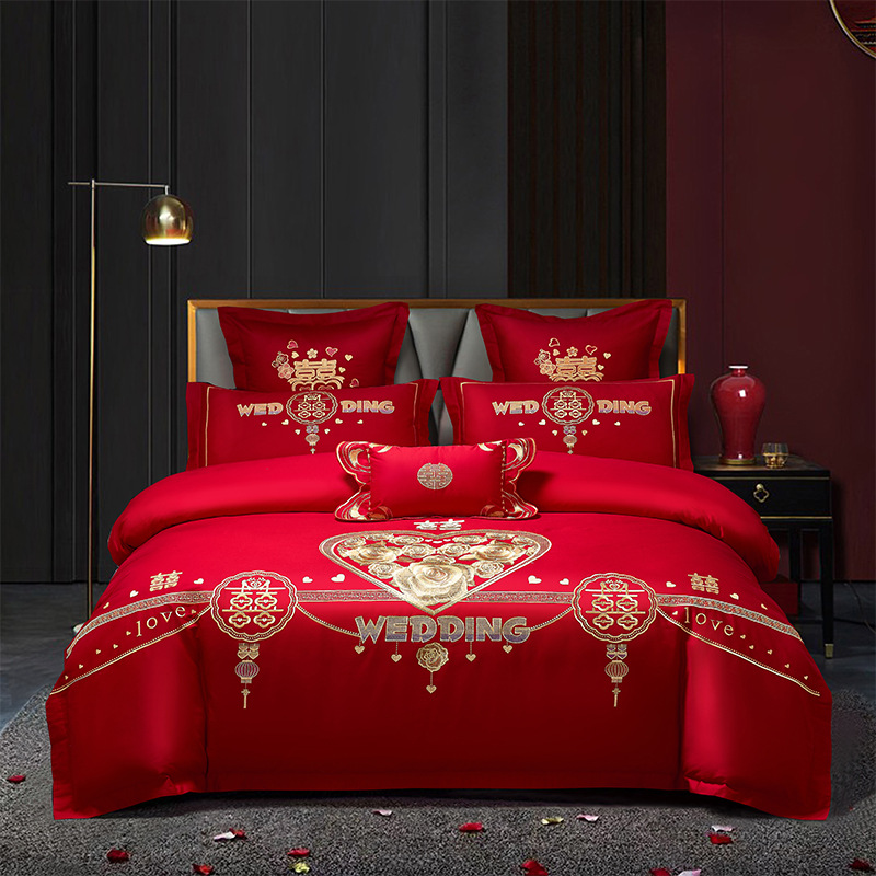Picture of Wedding Four-Piece Set Embroidered Wedding Pure Cotton Bright Red Wedding Room Embroidered Bedding Quilt Bedding