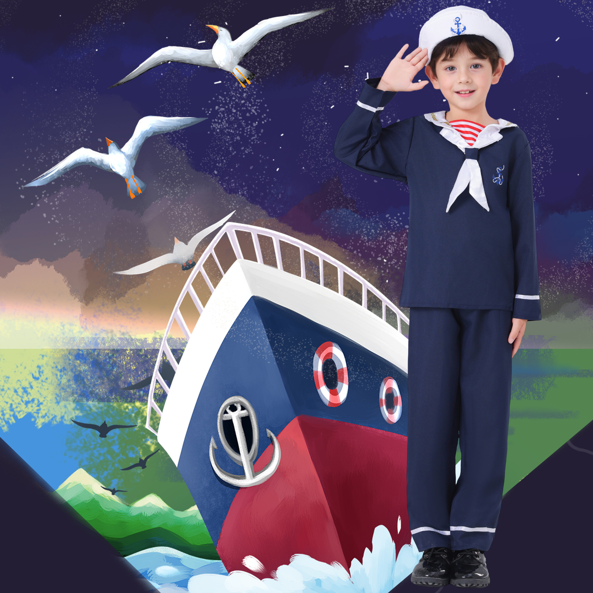 Children's Little Sailor Ocean Navy Theme Professional Character Dress Up Halloween Party Performance Costume