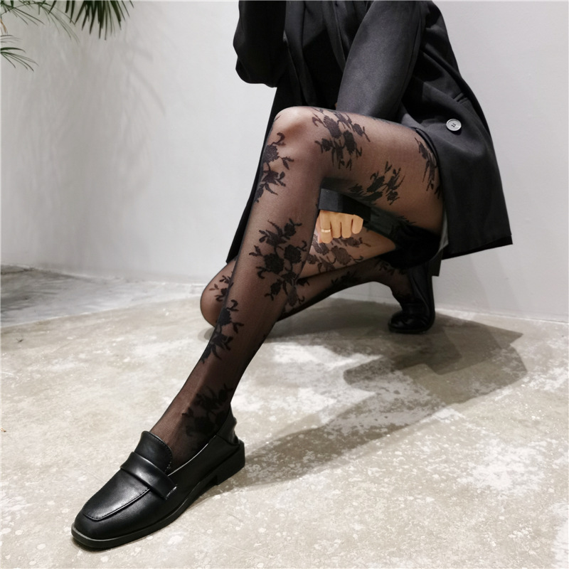 Picture of Retro Rose White Stockings women's summer thin black silk anti-snagging jacquard pantyhose Sweet Sexy