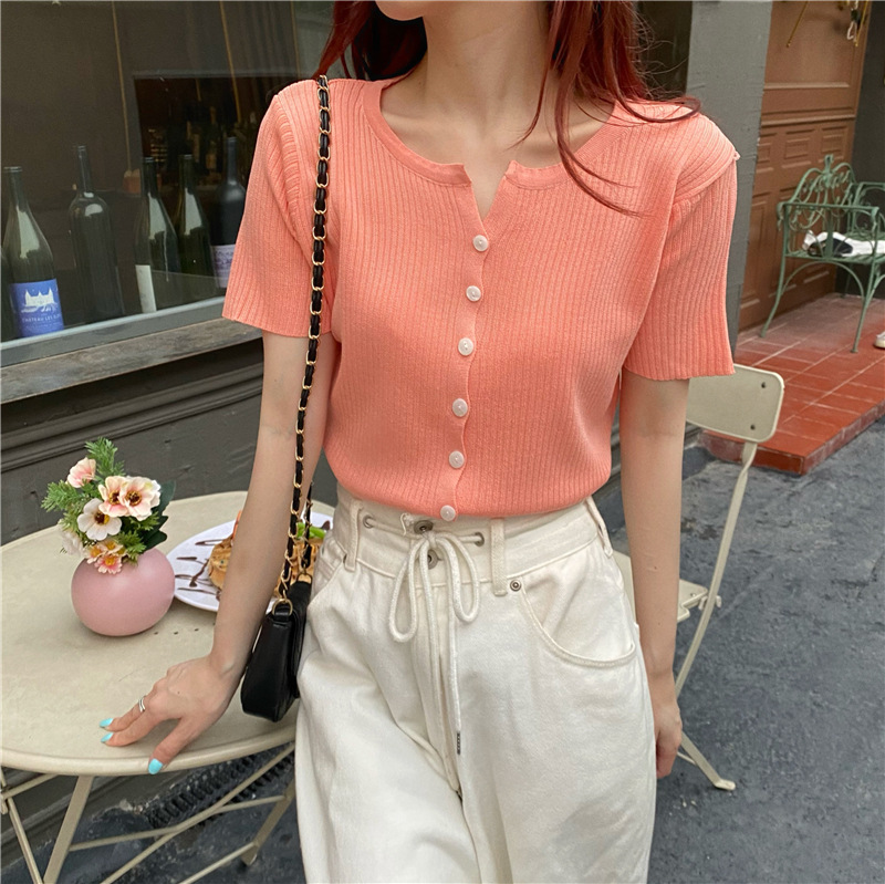 Picture of Summer 2025 New Knitwear Women's Korean Style Thin Bottoming Shirt Pure Color Slimming Look Versatile Single-Breasted Short-Sleeved Top