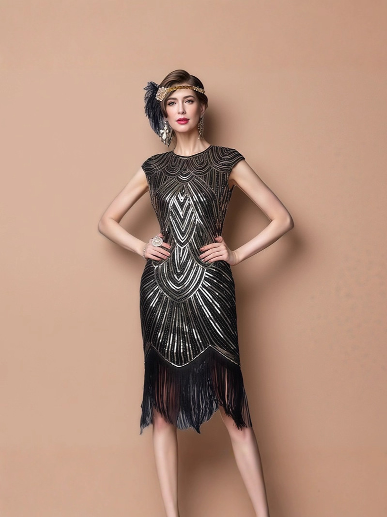 1920s vintage gown: Gatsby dress, heavy-duty beaded sequin tassel dress, European and American Amazon evening gown