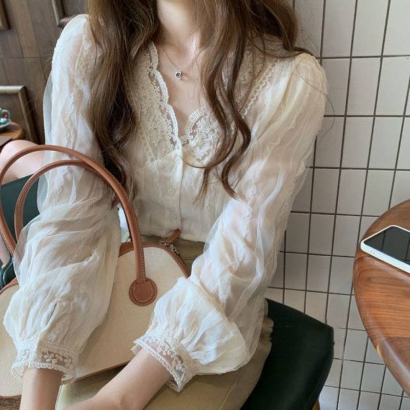Picture of Elegant V-neck lace shirt for women 2022 Spring New Gentle all-match chiffon sweet chic small shirt