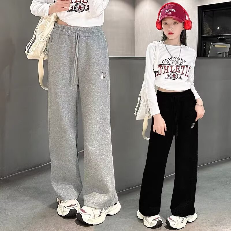 Girls' Pants Spring and Autumn 2025 New Spring and Autumn Thin Children's Grey Sports Pants Student School Uniform Straight Pants