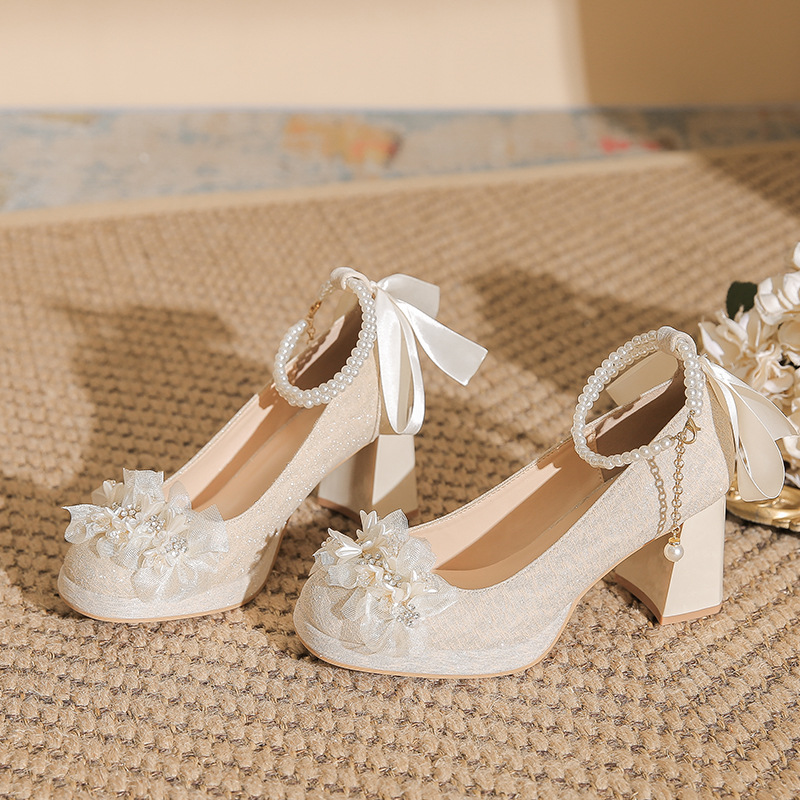 Satin Thick Heel High Heels for Women 18-Year-Old Coming-Of-Age Ceremony Mary Jane Xiuhe Wedding Dress Two-Wear Engagement Bride Shoes Bridesmaid Shoes