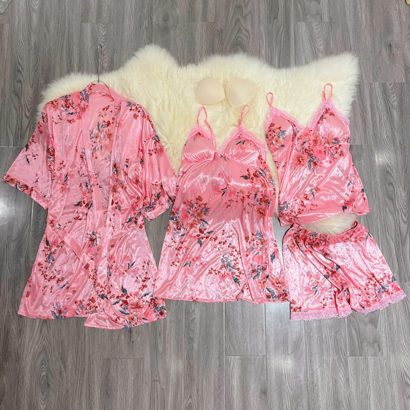 Summer Sexy Lace Sling Shorts + Nightgown Nightgown Nightgown Four-piece Ice Silk Pajamas Women's Home Clothes with Chest Pad
