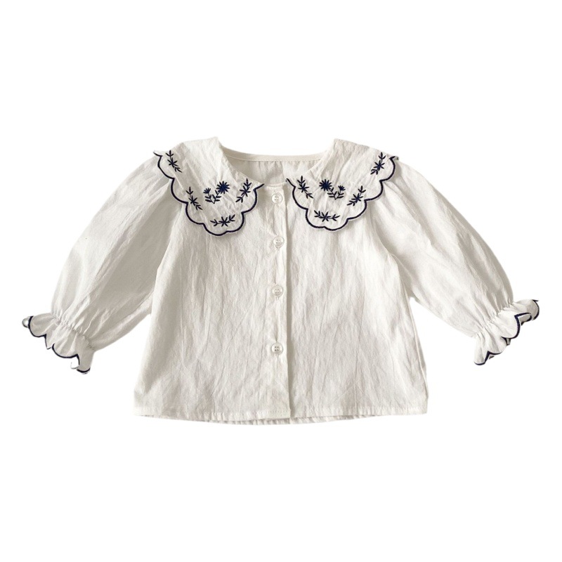 INS spring new girls' all-match shirt embroidered lapel long-sleeved shirt top baby girls' solid color doll shirt