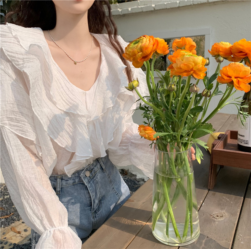 Picture of Chiffon Long-sleeved Shirt Women's 2023 Spring and Autumn New High-end Design Sense Thin Irregular Ruffled Stacked Top