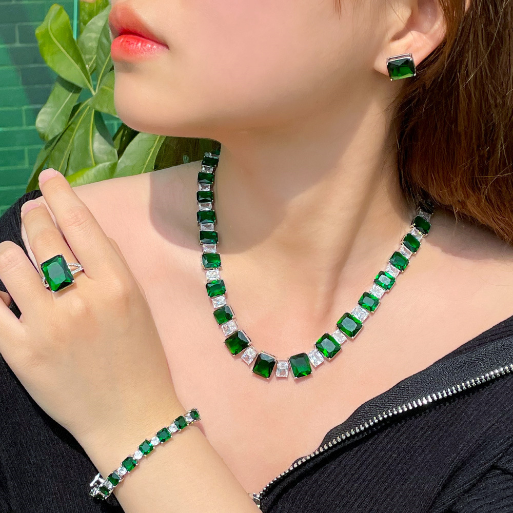 European and American Popular Hip-Hop Bridal Zircon Necklace Earrings Bracelet Ring Four-Piece Set ins Advanced Sense Set Chain