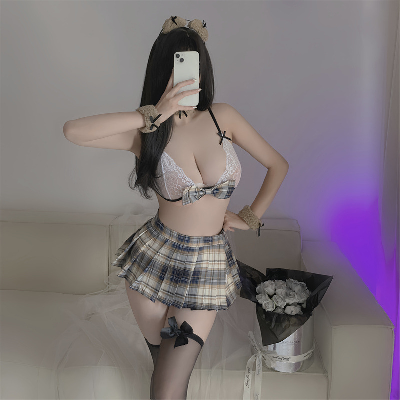 Sleeping Sexy Lingerie Bra Sexy Bear Three-Point Mesh Pleated Skirt Uniform Suit Pure Desire Uniform 58