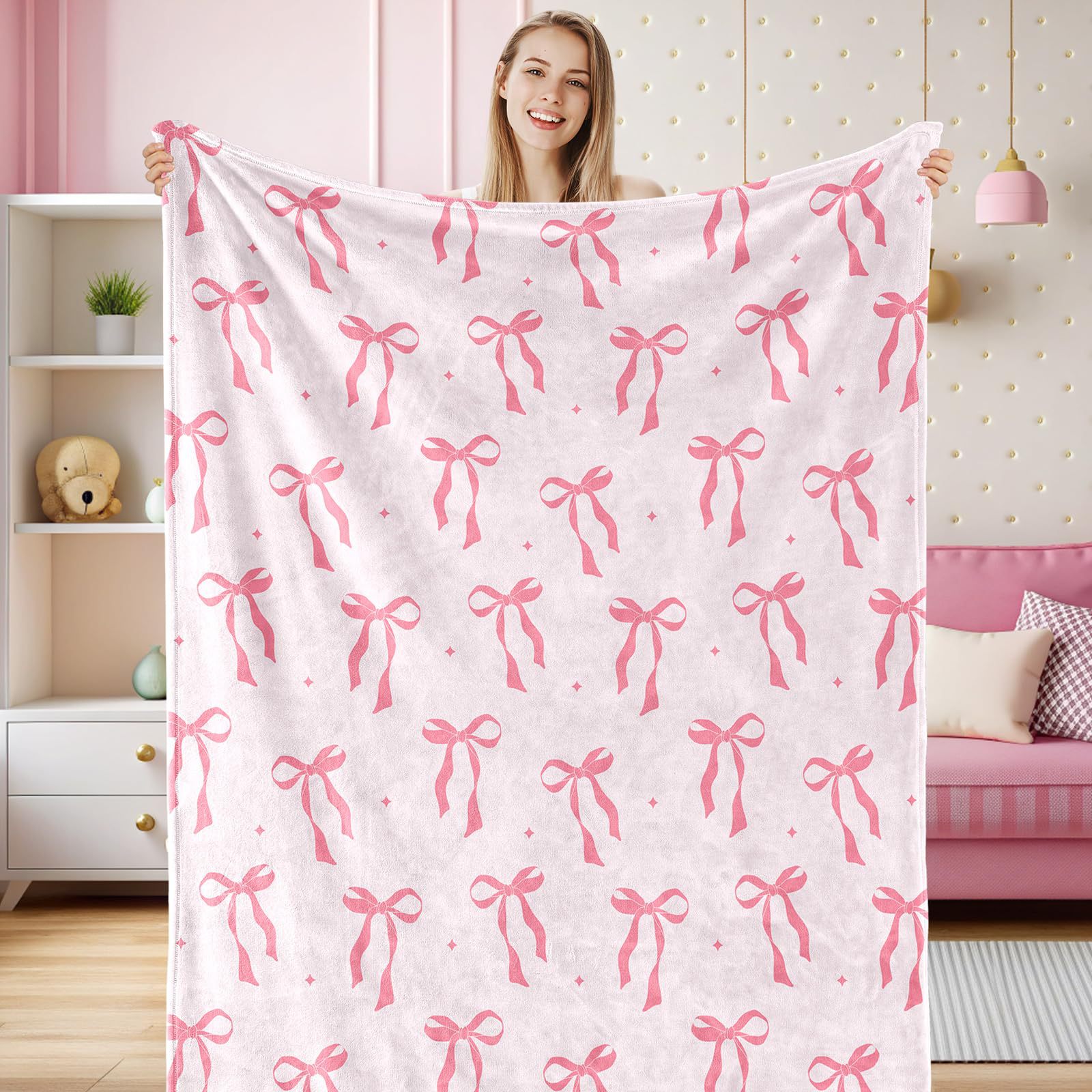 Picture of Foreign trade cross-border pink bow flannel blanket soft and comfortable digital printing blanket sofa blanket wholesale