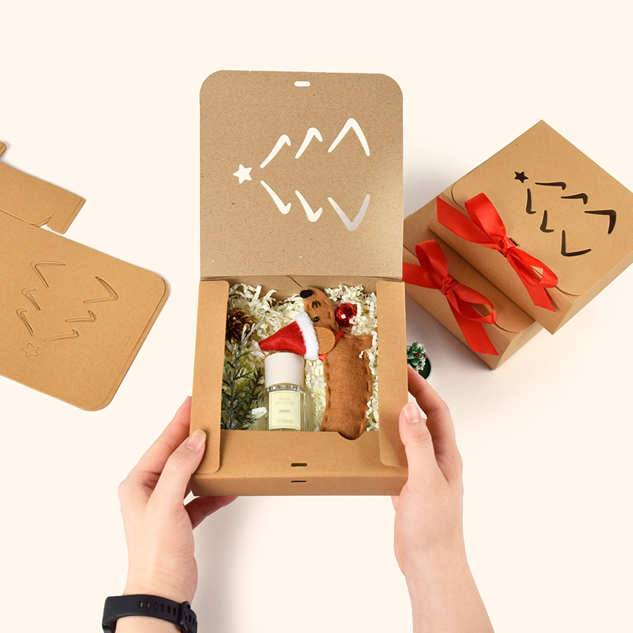 Simple Hollow Square Christmas Red Bow Gift Box in stock Flip Folding Square Gift Box 10/Pack