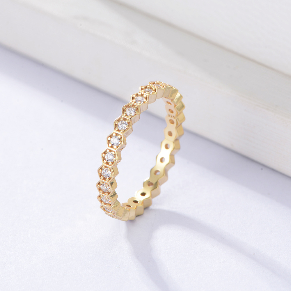 S925 Sterling Silver Hexagonal Zircon Ring for Women European and American Ins Trendy Stackable Versatile Personalized Combination Set Ring Ring