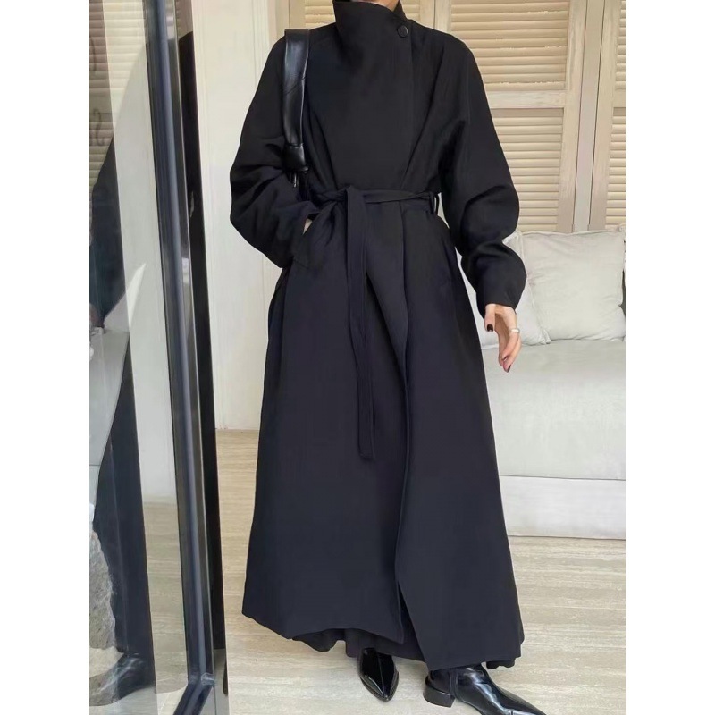 2024 Autumn and Winter New Pure Color Stand-Up Collar Lapel Two-Wear Design Lace-Up Waist Slimming Look High-End Fashion Windbreaker