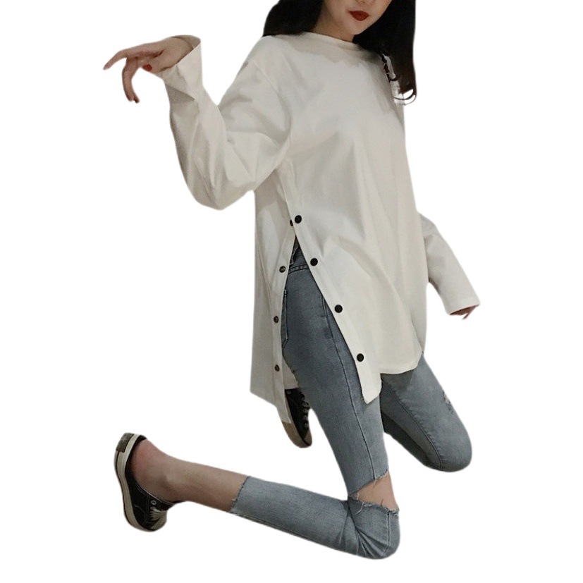 White Base Shirt Women's Autumn All-match Design Niche Split Top Loose Slimming Mid-length Long-sleeved T-shirt