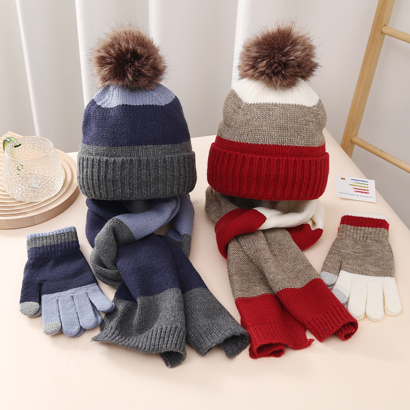 Foreign Trade Amazon New Winter Kidsren's Warm Suit Fleece-Lined Knitted Hat Gloves Scarf Three-Piece Set 8-15 Years Old