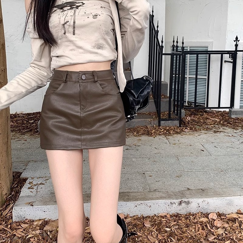 2024 Vintage Puleather Skirt Women's Summer Anti-walking Black Short Skirt Pants Hot Girls High Waist Skirt Sexy Slim Bag