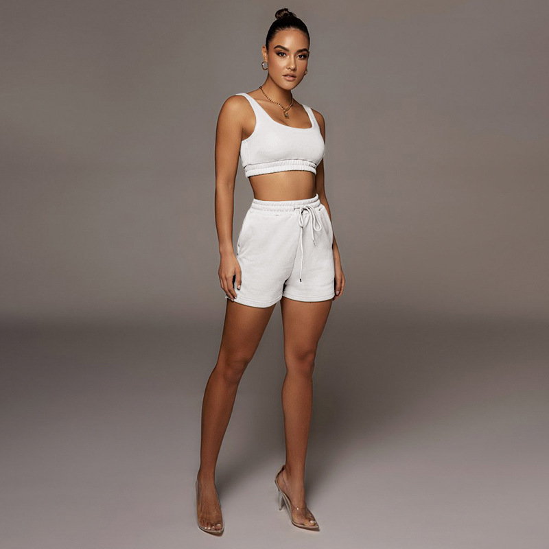 Picture of 2024 European and American Amazon cross-border summer women's solid color double-layer vest shorts sports navel suit