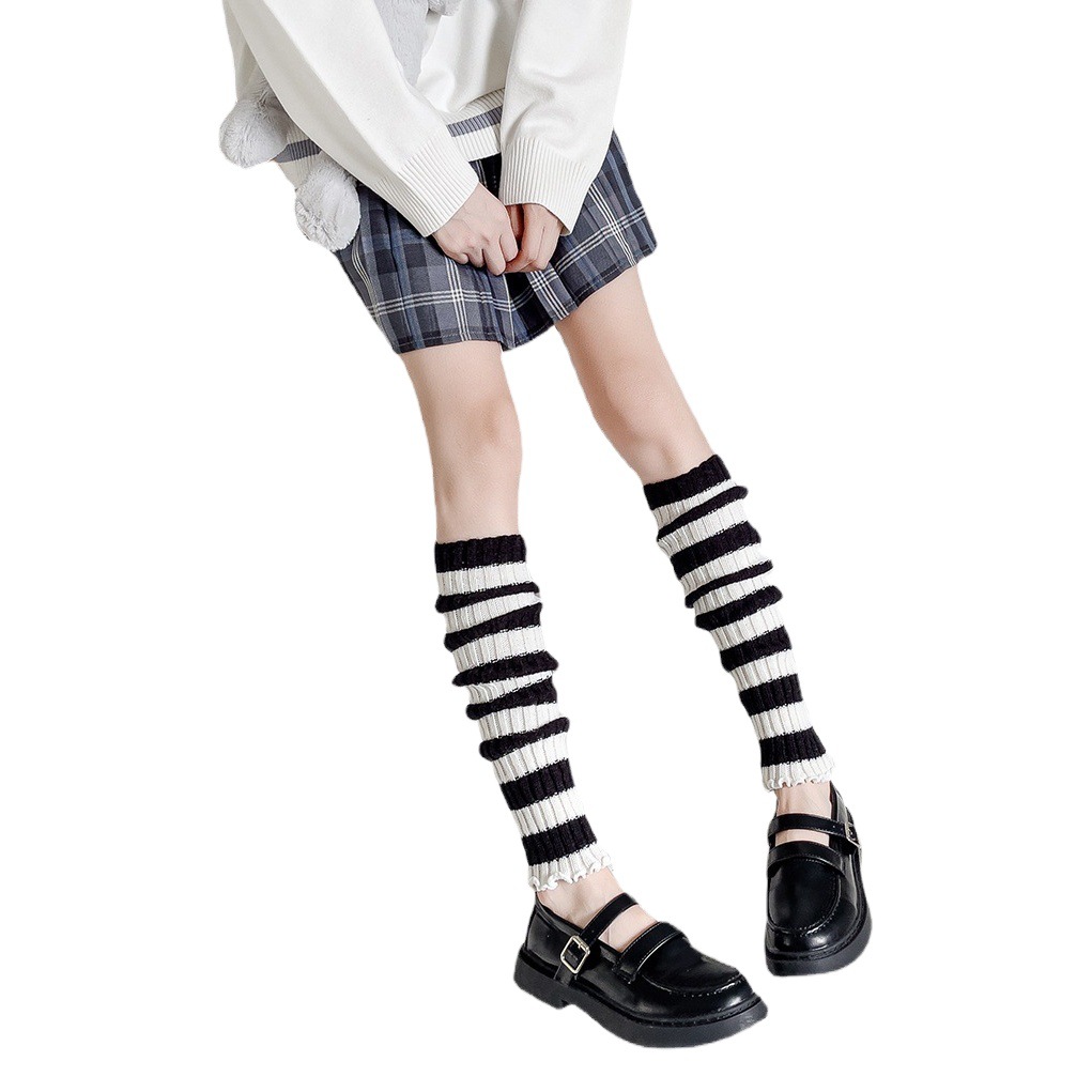 White Stripesd Socks Jk Socks Women's Autumn and Winter Mid-Calf Socks Cute Lolita with Leather Shoes Japanese Style Knee-Protecting Stockings